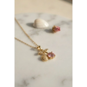 Mey İthalat® 316L Çelik Zincir Gold Renk Pembe Kiraz Model Kolye