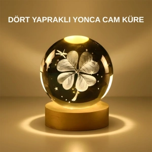 Mey İthalat® Dekoratif Yonca Görünümlü Işıklı Kristal Cam Küre USB Masa Gece Lambası