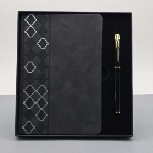 Mey İthalat®  Desenli Siyah Deri Defter Kalem Set