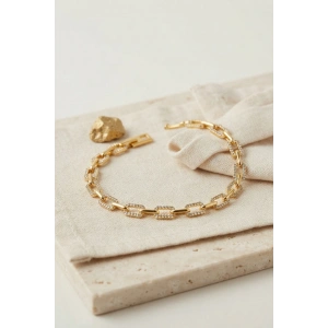 Mey İthalat® Gold Renk Pirinç Sıralı Kare Model Zirkon Taşlı Bileklik