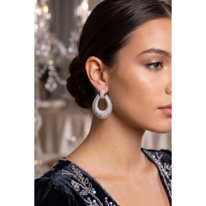 Mey İthalat® Gümüş Renk Zirkon Taşlı Damla Halka Model Kadın Abiye Küpe