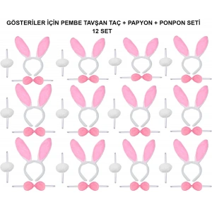Mey İthalat® Pembe Tavşan Kostüm Seti – Taç, Papyon, Ponpon (12’li Paket)