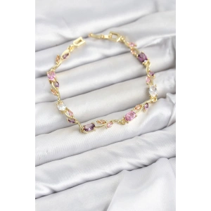 Mey İthalat® Pirinç Gold Renk Pembe ve Mor Zirkon Taşlı Çiçek Model Kadın Bileklik