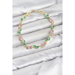 Mey İthalat® Pirinç Gold Renk Pembe Zirkon Taşlı Çiçek Model Kadın Bileklik