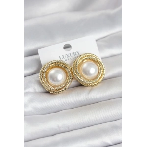 Mey İthalat® Pirinç Gold Renk Sarmal Model İncili Kadın Küpe