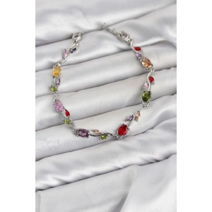 Mey İthalat® Pirinç Gümüş Renk Mix Renk Zirkon Taşlı Çiçek Model Kadın Bileklik