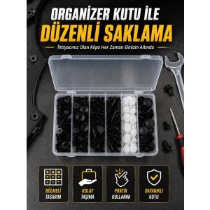 Mey İthalat® Profesyonel Oto Klips Tamir Seti 6 Farklı Model Plastik Sabitleme Pimi Organizer Kutulu