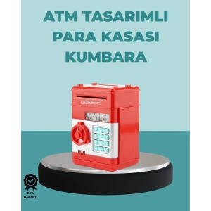 Mey İthalat® Şifreli Kırmızı ATM Tasarımlı Çelik Kasa Görünümlü Kumbara
