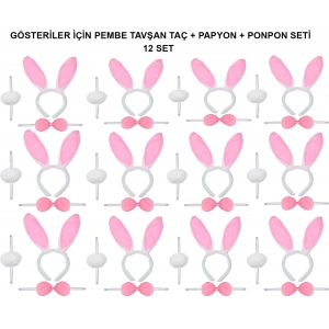 Pembe Tavşan Kostüm Seti – Taç, Papyon, Ponpon (12’li Paket)