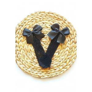 Siyah Fileli Diz Altı Fiyonklu Kız Çocuk Çorap