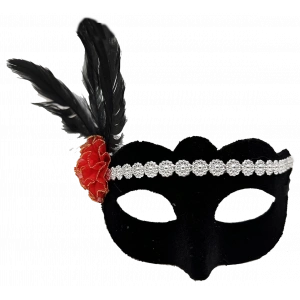 Siyah Renk Süet Kaplama Gümüş Dantelli Kırmızı Gül Tasarımlı Parti Maskesi 18x20 Cm