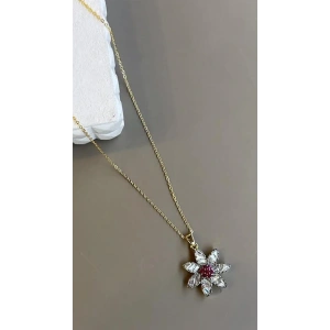 Taşlı Çiçek Kolye - Altın