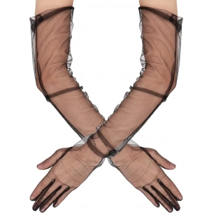 Uzun Boy Likralı Siyah Renk Yetişkin Mega Tül Eldiven 53 Cm