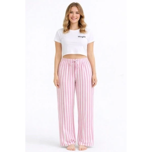Viskon Pamuklu Kadın Pudra Pembe Çizgili Pijama Pantolon - MG004 - Mudanis