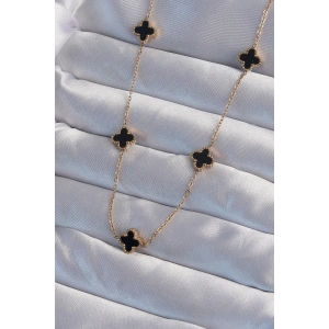 BFS 316L Çelik Gold Renk Minimal Siyah Mineli Yonca Kolye