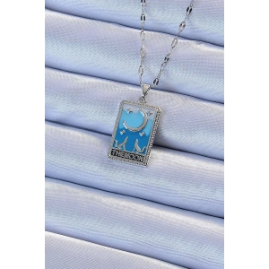 BFS 316L Çelik Zincir Gümüş Renk Mavi Mineli Ay Figür Tarot Kolye