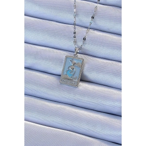 BFS 316L Çelik Zincir Gümüş Renk Mavi Mineli Tarot Kolye