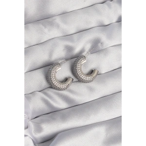 BFS Pirinç Gümüş Renk Zirkon Taşlı Yarım Halka Küpe