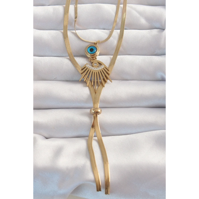 BFS 316L Çelik Gold Renk Zirkon Taşlı Göz Detay Nazarlı Uzun Asansör Model Kolye