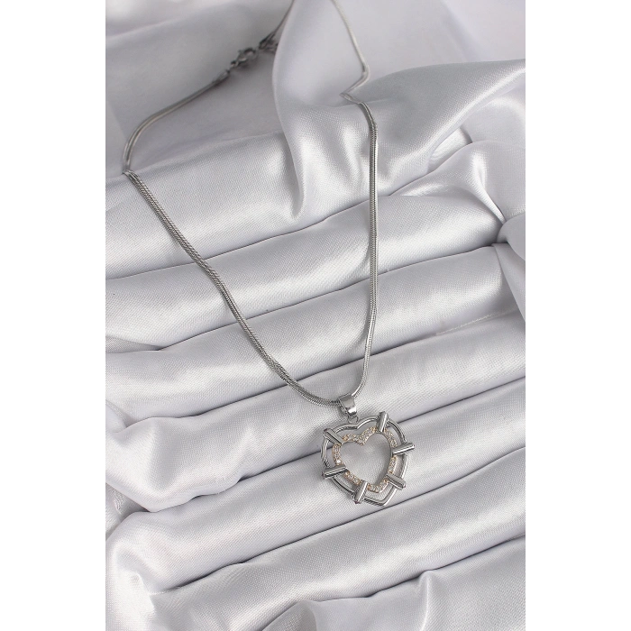BFS 316L Çelik Gümüş Renk İtalyan Zincir Mix Renk Zirkon Taş Detay Kalp Model Kadın Kolye