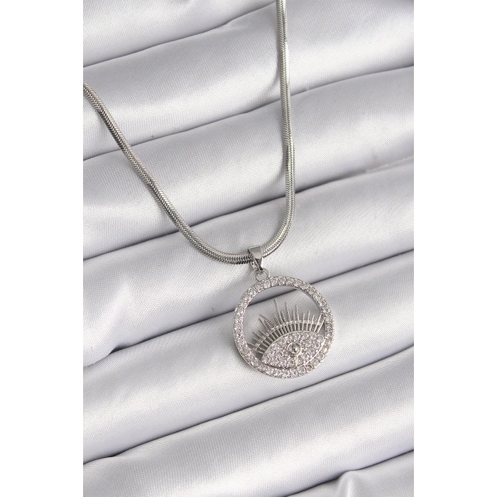 BFS 316L Çelik Gümüş Renk İtalyan Zincir Zirkon Taşlı Göz Model Kadın Kolye