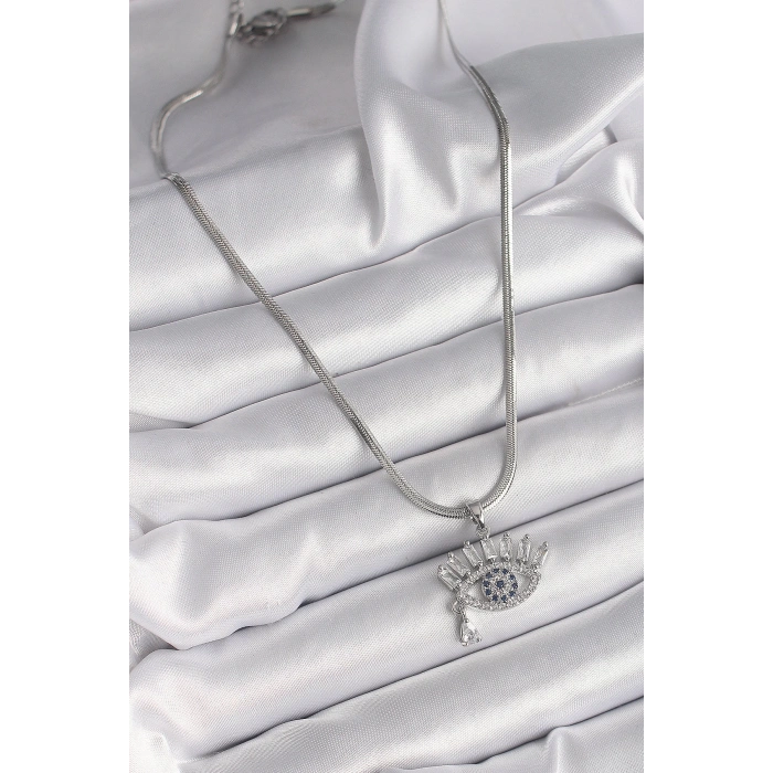 BFS 316L Çelik Gümüş Renk İtalyan Zincir Zirkon Taşlı Göz Model Kadın Kolye