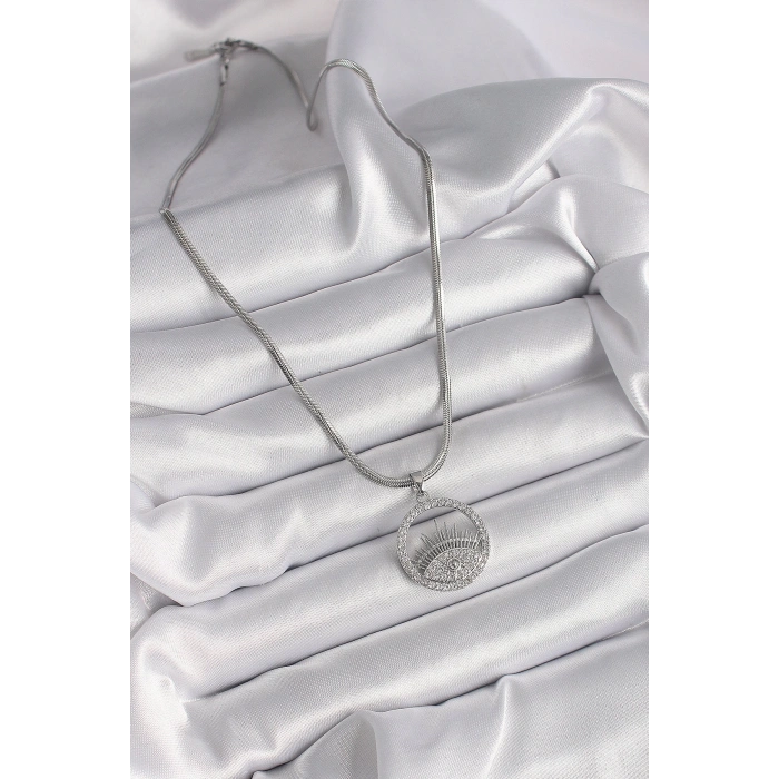 BFS 316L Çelik Gümüş Renk İtalyan Zincir Zirkon Taşlı Göz Model Kadın Kolye