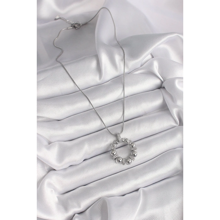 BFS 316L Çelik Gümüş Renk Zincir Zirkon Taş Detaylı Bombeli Halka Model Kadın Kolye