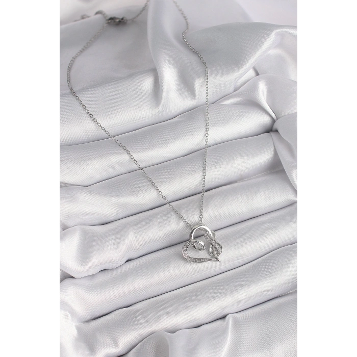 BFS 316L Çelik Gümüş Renk Zincir Zirkon Taş Detaylı Kalp Model Sonsuzluk Detay Kadın Kolye