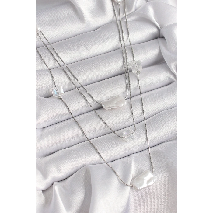 BFS Pirinç Gümüş Renk Ezme İnci Model Çoklu Kadın Kolye