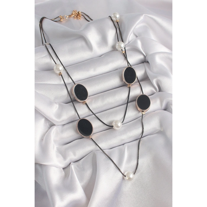 BFS Pirinç Siyah Renk Zincir İnci Detaylı Çoklu Kadın Kolye