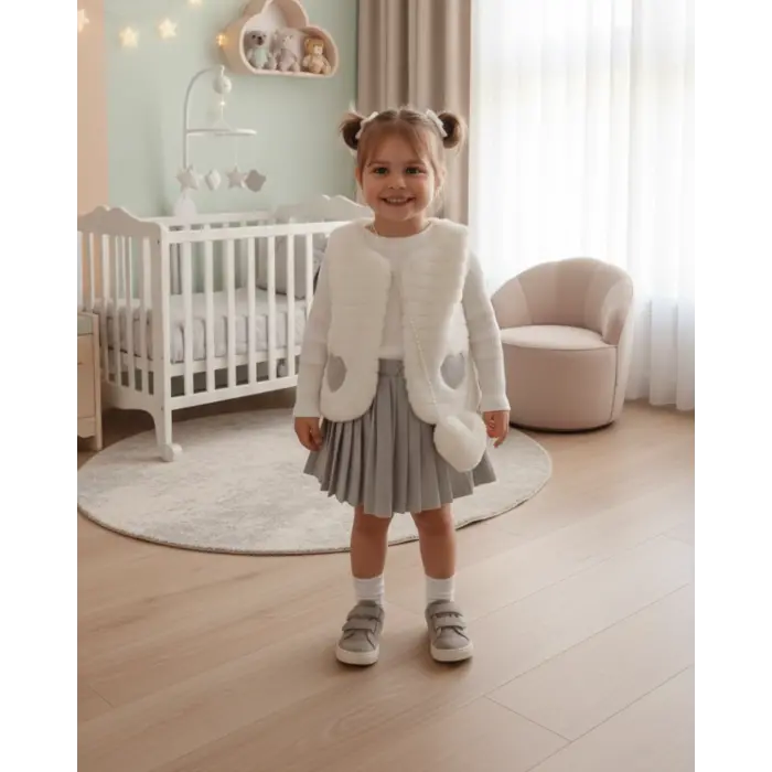 Kız Çocuk Pileli Etekli Kalp Detaylı Peluş Yelekli 4lü Kombin Takım - Premium Seri