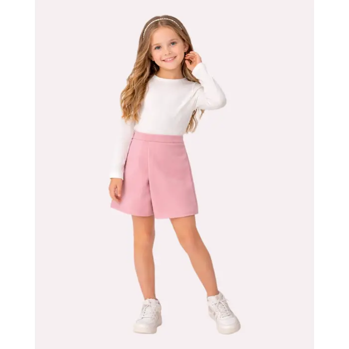 Kız Çocuk Fitilli Uzun Kollu Bluz ve Şort Etek 2li Takım