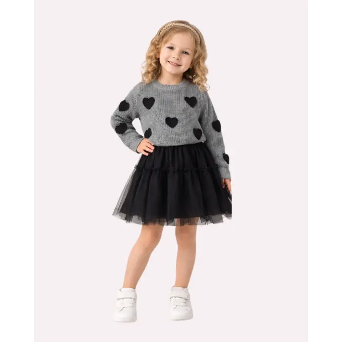 Liya Kalp Detaylı Triko Kazak & Tül Etek Kız Çocuk 2li Takım
