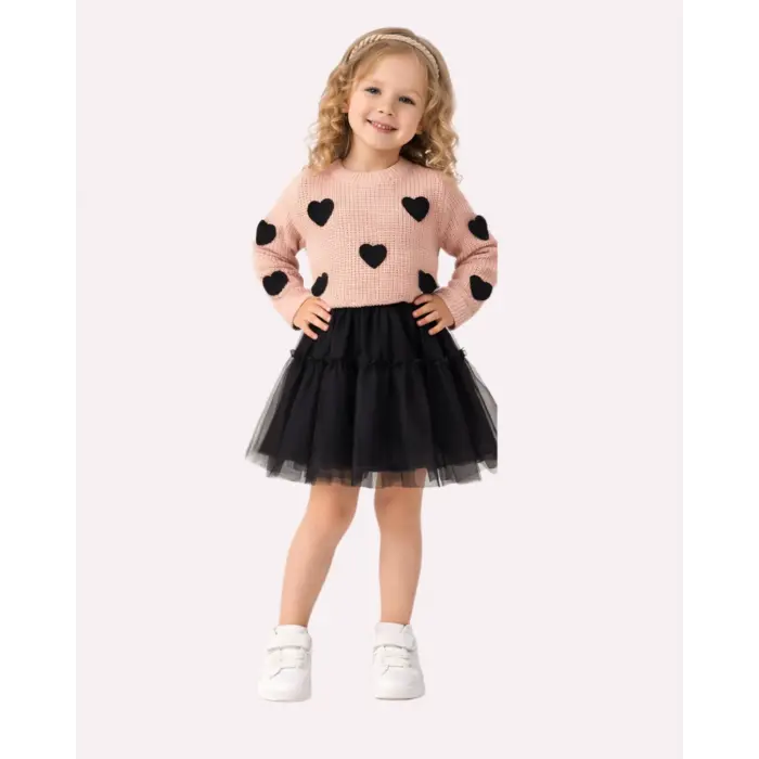 Liya Kalp Detaylı Triko Kazak & Tül Etek Kız Çocuk 2li Takım
