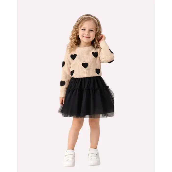 Liya Kalp Detaylı Triko Kazak & Tül Etek Kız Çocuk 2li Takım