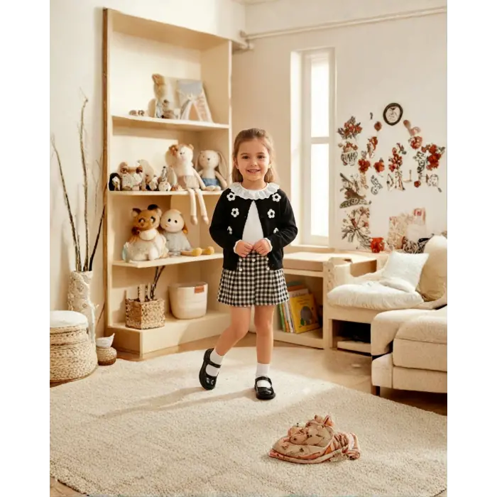 Ceren I Kız Çocuk Çiçek İşlemeli Örgü Triko Hırka, Bluz ve Şort Etek 2-3-4-5 Yaş | 4112