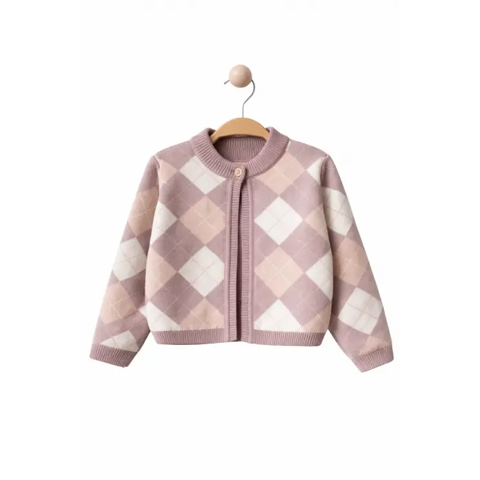 Kız Çocuk Baklava Desenli Triko Hırka – Lila & Kahverengi – 2-5 Yaş