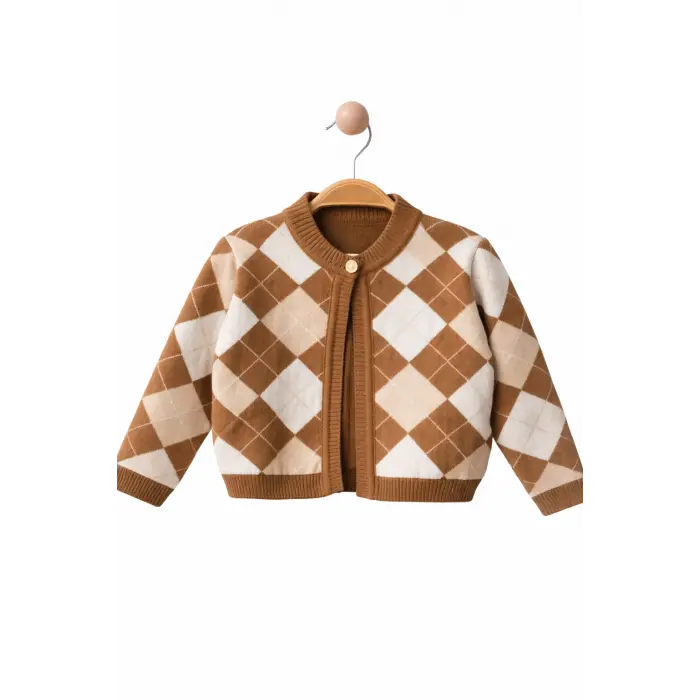 Kız Çocuk Baklava Desenli Triko Hırka – Lila & Kahverengi – 2-5 Yaş