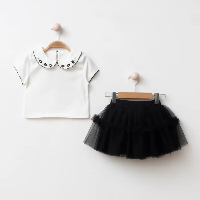 Alina Nakışlı Yaka Tişört Tüllü Etek Kız Çocuk 2’li Takım 4220