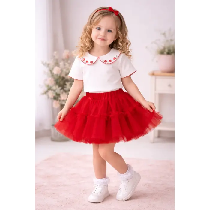 Alina Nakışlı Yaka Tişört Tüllü Etek Kız Çocuk 2’li Takım 4220