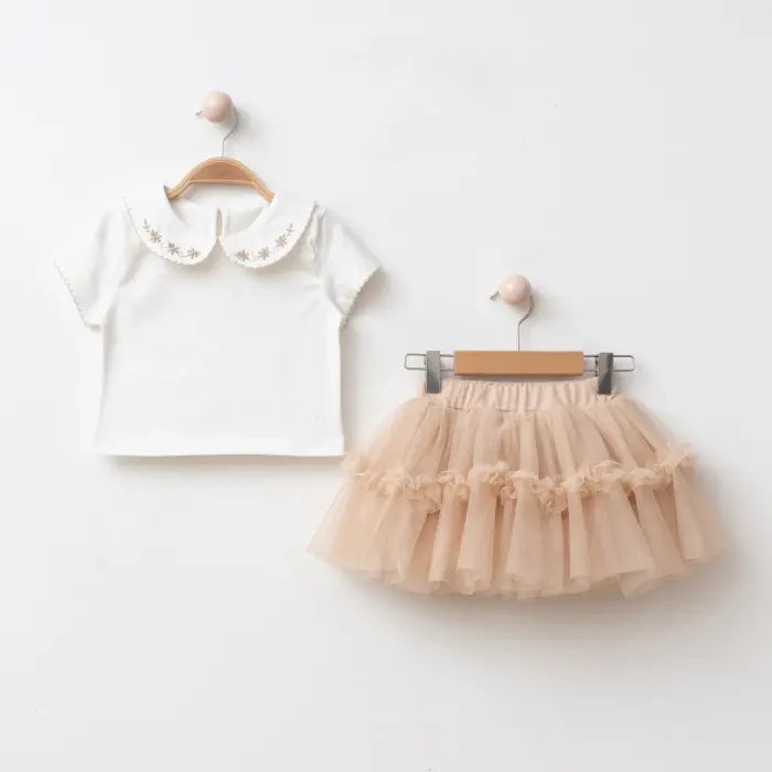 Alina Nakışlı Yaka Tişört Tüllü Etek Kız Çocuk 2’li Takım 4220