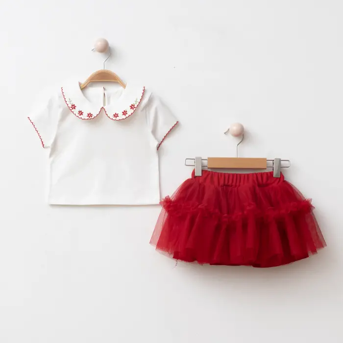 Alina Nakışlı Yaka Tişört Tüllü Etek Kız Çocuk 2’li Takım 4220