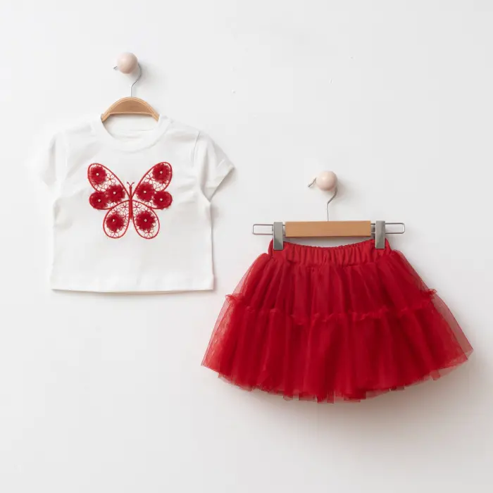 Elora Kız Çocuk Kelebek Detaylı Tişört ve Tül Etekli 2li Kombin 4219