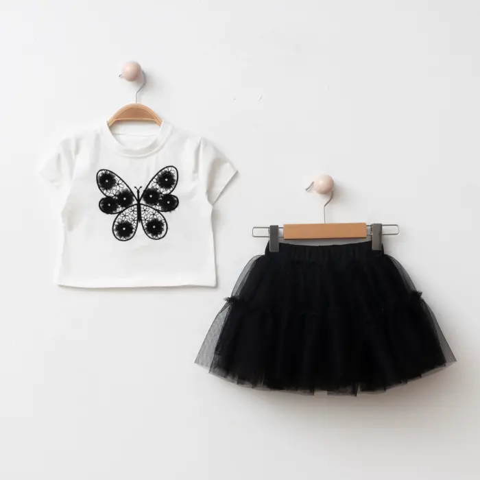 Elora Kız Çocuk Kelebek Detaylı Tişört ve Tül Etekli 2li Kombin 4219