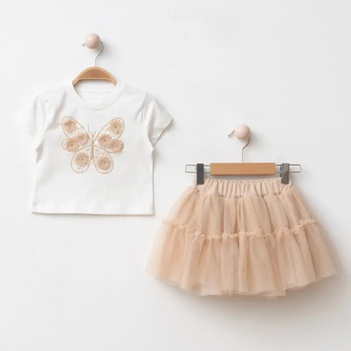 Elora Kız Çocuk Kelebek Detaylı Tişört ve Tül Etekli 2li Kombin 4219
