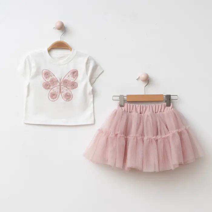Elora Kız Çocuk Kelebek Detaylı Tişört ve Tül Etekli 2li Kombin 4219