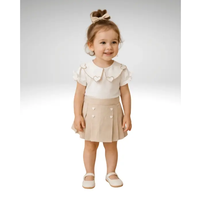 Kalp Yaka Detaylı Bluz & Pileli Şort Etek Kız Çocuk 2li Takım