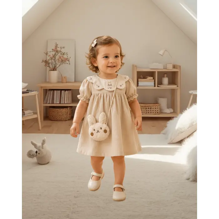 Mimo %100 Pamuk Kız Bebek Elbise I Nakışlı Yaka Tavşan Çantalı 9-24 Ay 4221