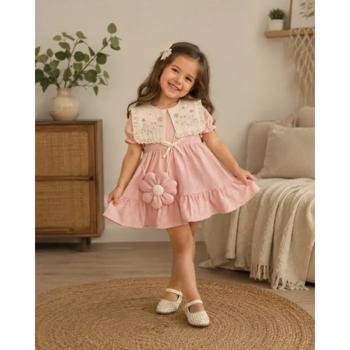 Velya Kız Çocuk %100 Pamuklu Vintage Nakış Detaylı Çantalı Elbise